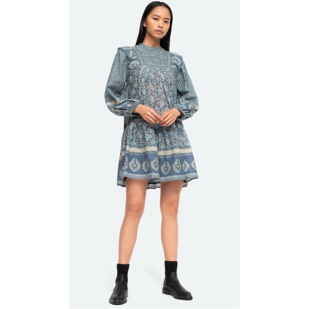Sea New York Blue Multi Paisley Print Long-Sleeve Mini Dress